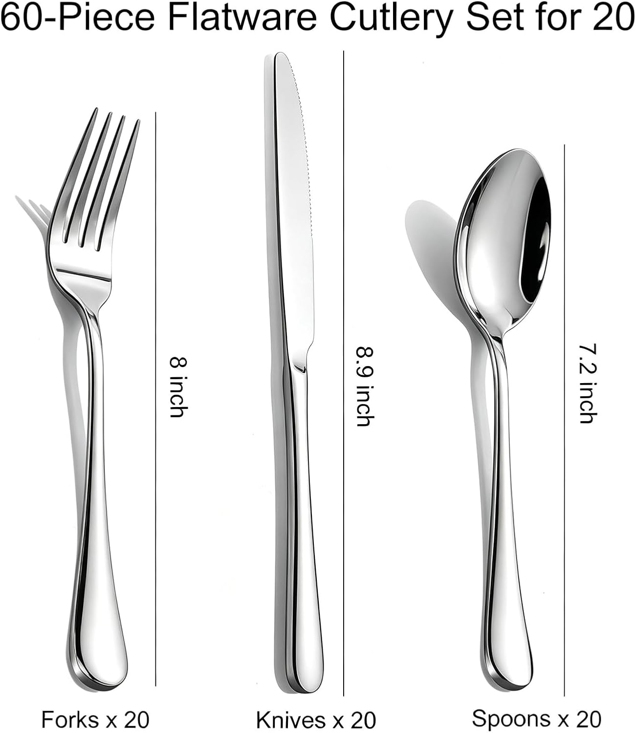 60-Piece Silverware Set for 20 - Stainless Steel Flatware Cutlery Set, Mirror Polished Flatware Set Include Forks Spoons Knives for Home Wedding Restaurant, Dishwasher Safe, Silver, 60 PCS