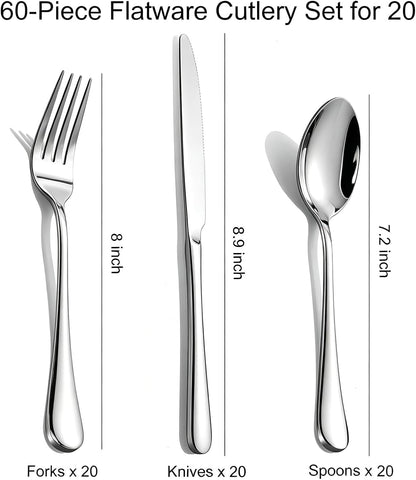 60-Piece Silverware Set for 20 - Stainless Steel Flatware Cutlery Set, Mirror Polished Flatware Set Include Forks Spoons Knives for Home Wedding Restaurant, Dishwasher Safe, Silver, 60 PCS