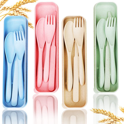 Reusable Travel Utensils Set with Case, 4 Sets Wheat Straw Portable Knife Fork Spoons Cutlery, Eco-Friendly BPA Free Plastic Tableware for Kids Adults Travel Picnic Camping Utensils