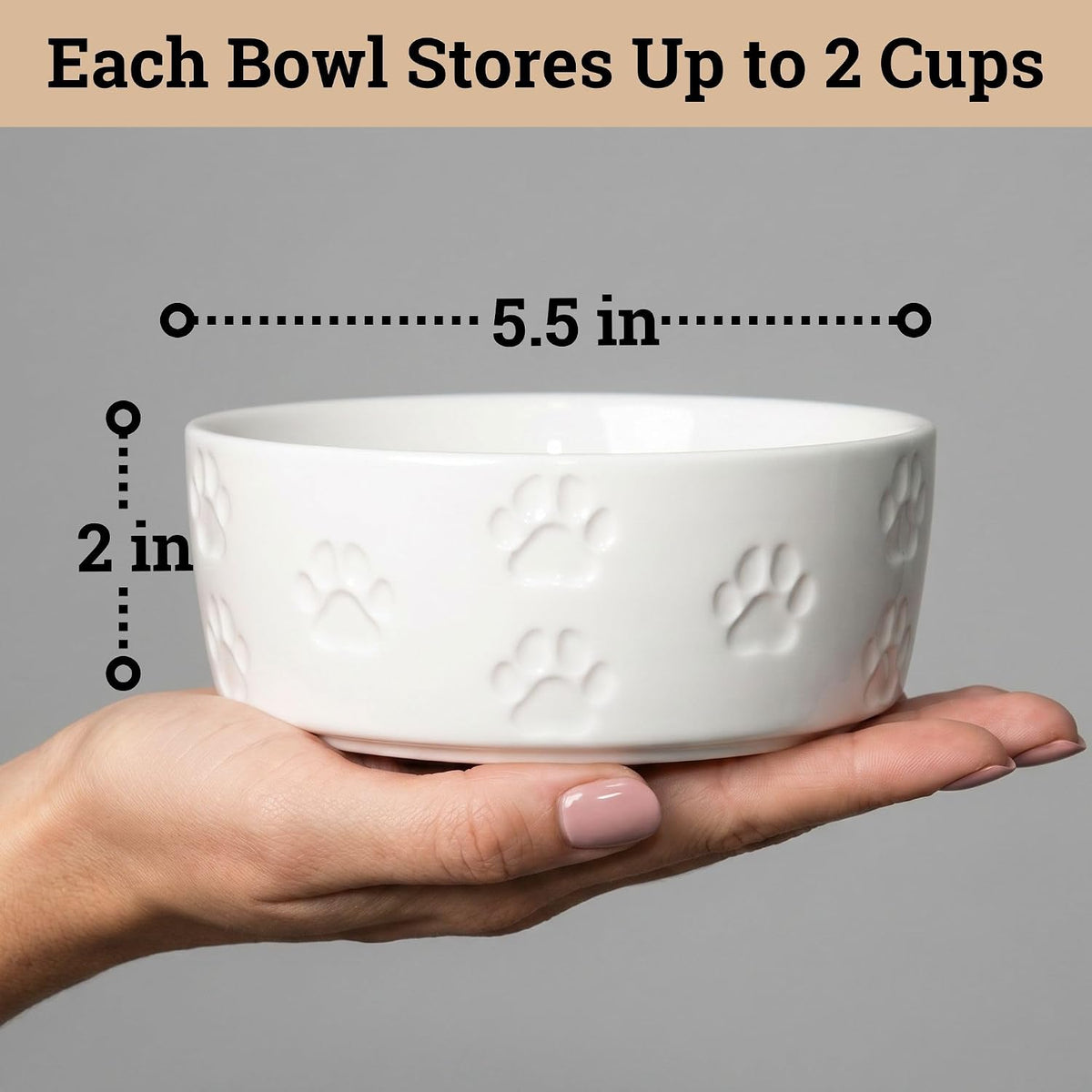 Ceramic Dog Bowl Set of 2 with Anti-Skid Base, 5.5"W x 2"H, 2 Cup Capacity | Thick Ceramic, Dishwasher Safe, Anti-Skid Rubber Base, 2 Cups per Bowl, Ceramic Food and Water Bowls Set of 2 for Small Dogs
