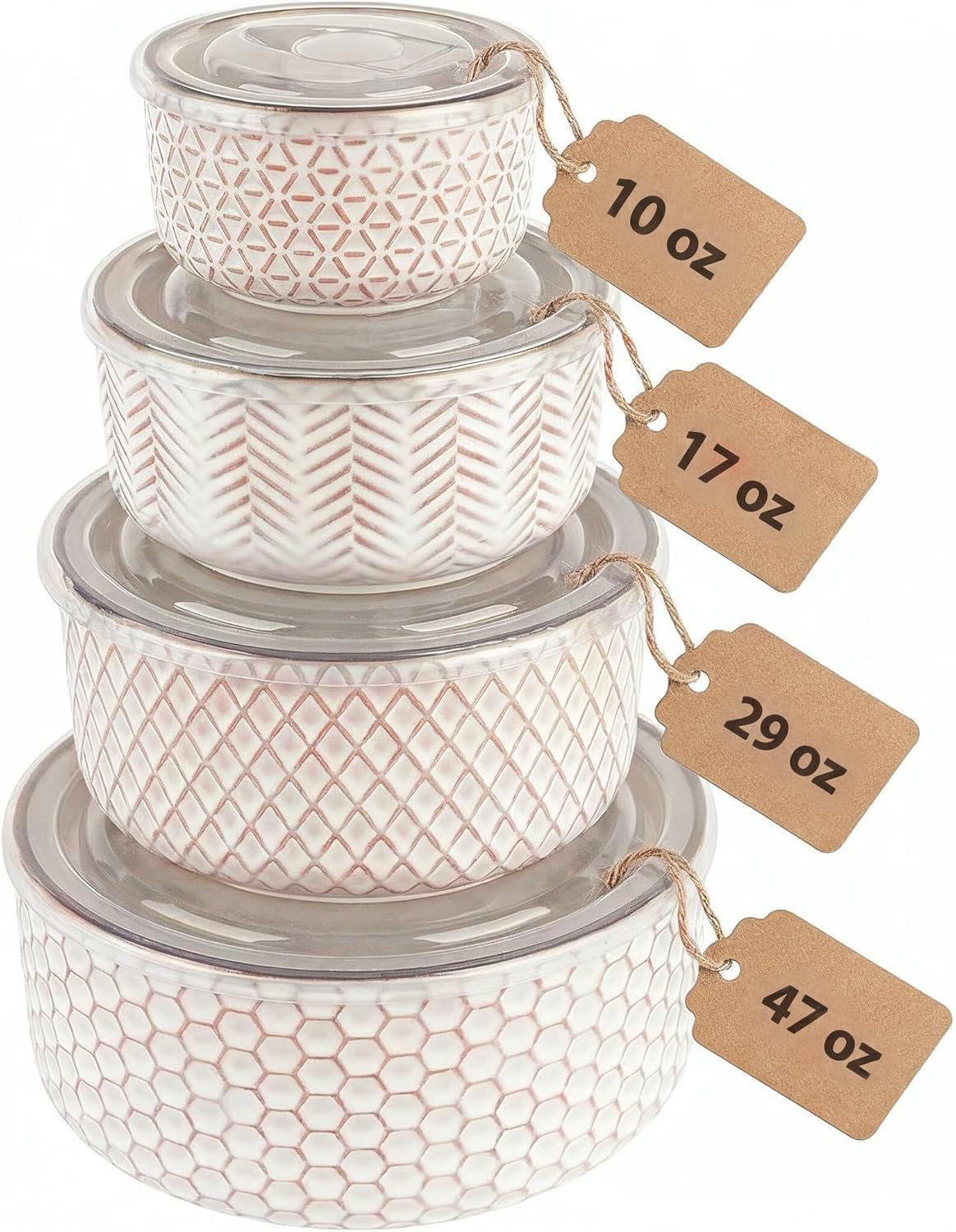 KooK Serving Bowls, with Lids, Ceramic Nesting Bowls, Set of 4, Embossed, Kitchen, Prep, Stackable, Gift, Microwave and Dishwasher Safe, 16/29/47/70 oz, Narbonne Collection (Ivory)