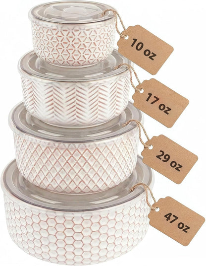 KooK Serving Bowls, with Lids, Ceramic Nesting Bowls, Set of 4, Embossed, Kitchen, Prep, Stackable, Gift, Microwave and Dishwasher Safe, 16/29/47/70 oz, Narbonne Collection (Ivory)