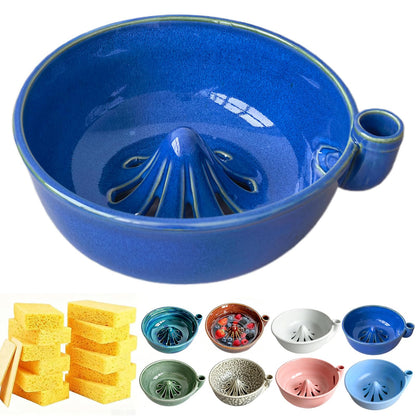 Self Spinning Ceramic Berry Washing Bowl with Drain Holes, 7'' Kitchen Fruit Washer Spinner Bowl with 10pcs Sponges，Blue