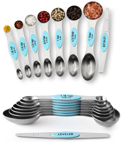 Spring Chef Magnetic Measuring Spoons Set of 8 for Kitchen, Multicolor | Stainless Steel Teaspoon & Tablespoon Measuring Spoons with Leveler for Dry & Liquid Ingredients, Dual Sided, Dishwasher Safe