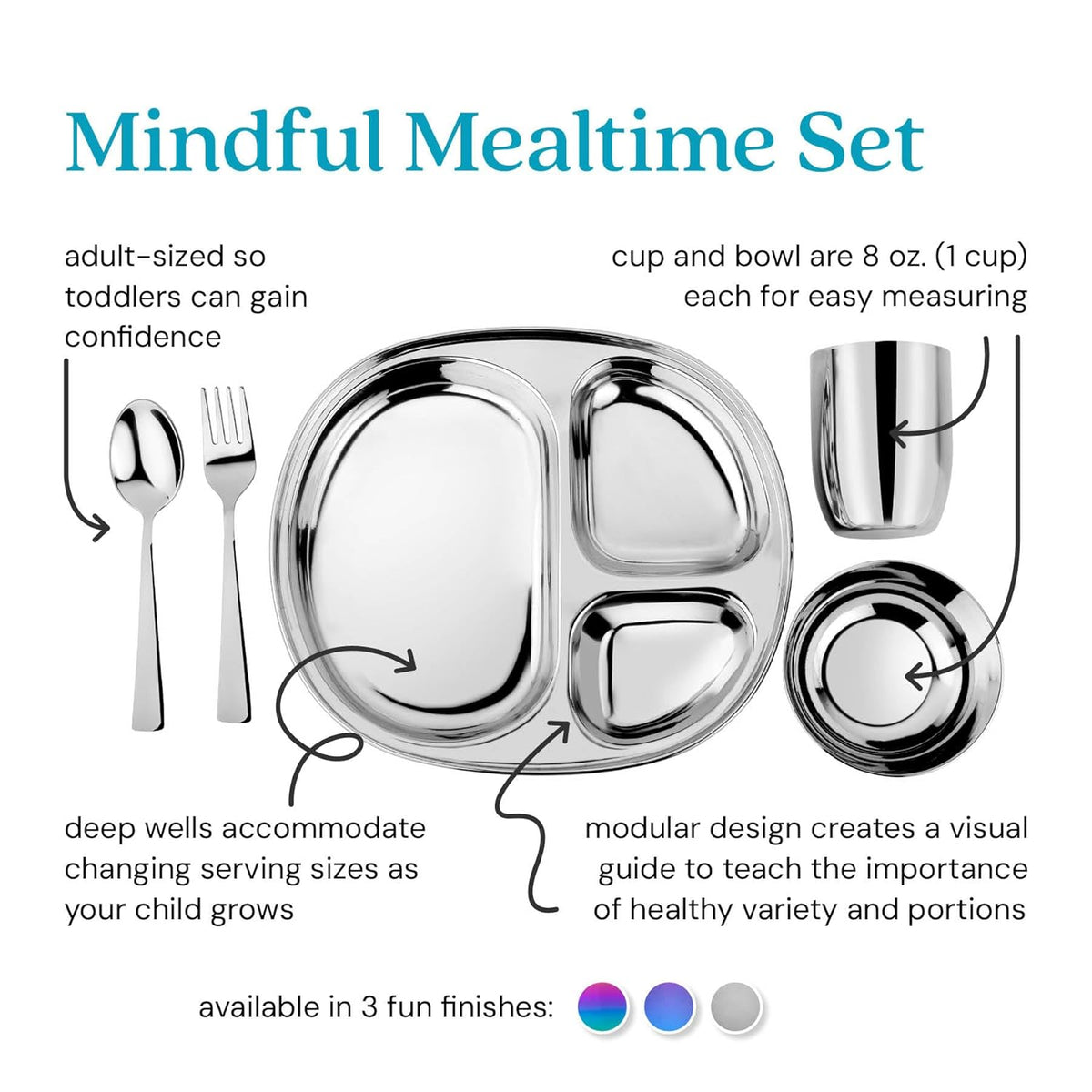 Ahimsa Stainless Steel Kids Dinnerware Set, Classic Stainless, 5-Piece Set | Includes Divided Plate, Cup, Bowl, Fork & Spoon, Pediatrician Designed Toddler Plates, Non-Toxic & BPA Free, Dishwasher Safe