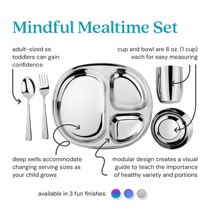 Ahimsa Stainless Steel Kids Dinnerware Set, Classic Stainless, 5-Piece Set | Includes Divided Plate, Cup, Bowl, Fork & Spoon, Pediatrician Designed Toddler Plates, Non-Toxic & BPA Free, Dishwasher Safe