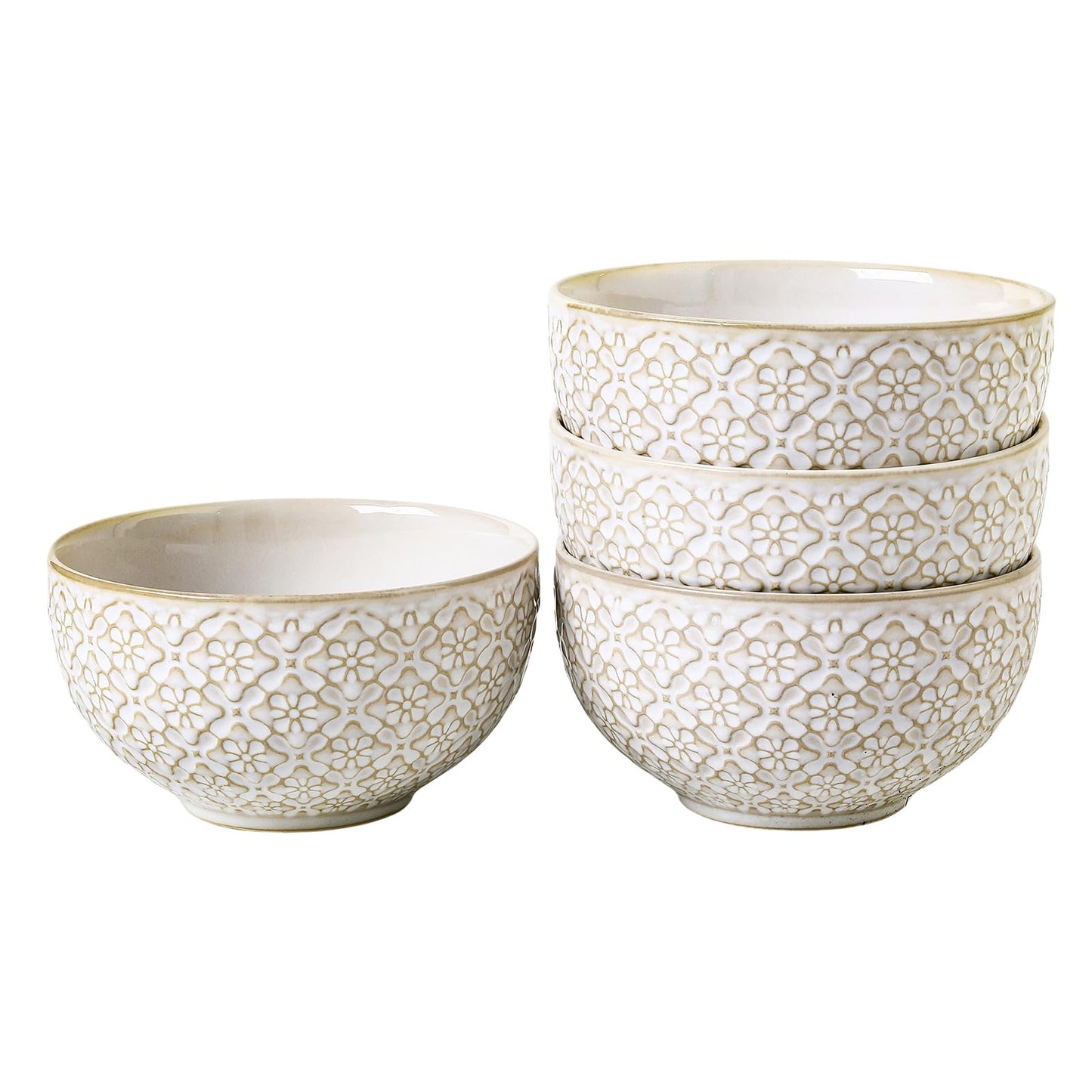 26 Oz Cereal Bowls Set of 4 - Ceramic Soup Bowl for Kitchen, Porcelain Embossed Serving Bowls for Salad, Pho, Breakfast, Ramen, Rice, 6 inch, Dishwasher Microwave Safe, Housewarming Decor