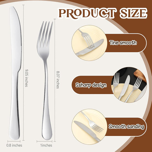 Nuenen 50 Fork Knife Set,8.07 x 0.94 Inch, 9.06 x 0.79 Inch,Shiny Silver | Stainless Steel Flatware, Kitchen Restaurant Dinner Silverware, Durable Party Catering Use, Mirror Polished Finish