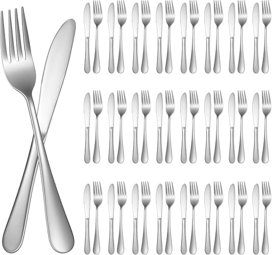 SHENLIU 50 Pieces Stainless Steel Fork and Knife Set, 8 inches Silverware Set with 25 Dinner Knives and 25 Dinner Forks, Dishwasher Safe Tableware Cutlery for Kitchen Restaurant Home