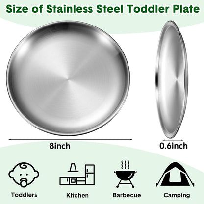 Honeydak 10 Pcs Stainless Steel Plates 8 Inch 304 Metal Dinner Plates Unbreakable Dish Camping Plate Reusable 18/8 Silver Round Plate Non Toxic Dishwasher Safe Double Layers Serving Salad Dessert