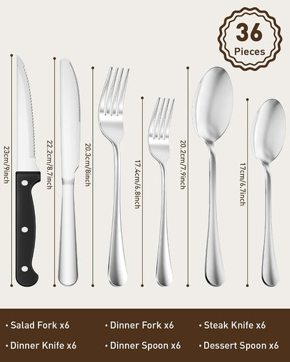 Quatish 36 Piece Silverware Set with Steak Knives, Cutlery Utensil Sets for 6, Food-Grade Stainless Steel Flatware Sets, Kitchen Utensils Set for Home Restaurant Hotel, Mirror Finished, Silver