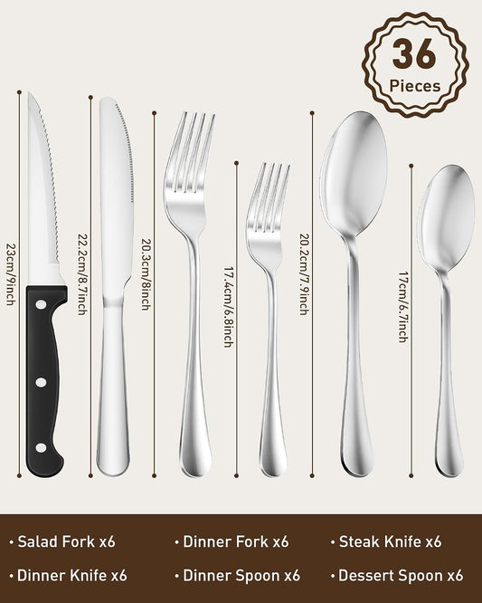 Quatish 36 Piece Silverware Set with Steak Knives, Cutlery Utensil Sets for 6, Food-Grade Stainless Steel Flatware Sets, Kitchen Utensils Set for Home Restaurant Hotel, Mirror Finished, Silver