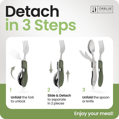 Orblue 4-in-1 Camping Utensils, 1-Pack, Portable Stainless Steel Spoon, Fork, Knife & Bottle Opener Combo Set - Travel, Backpacking Cutlery Multitool Olive Green