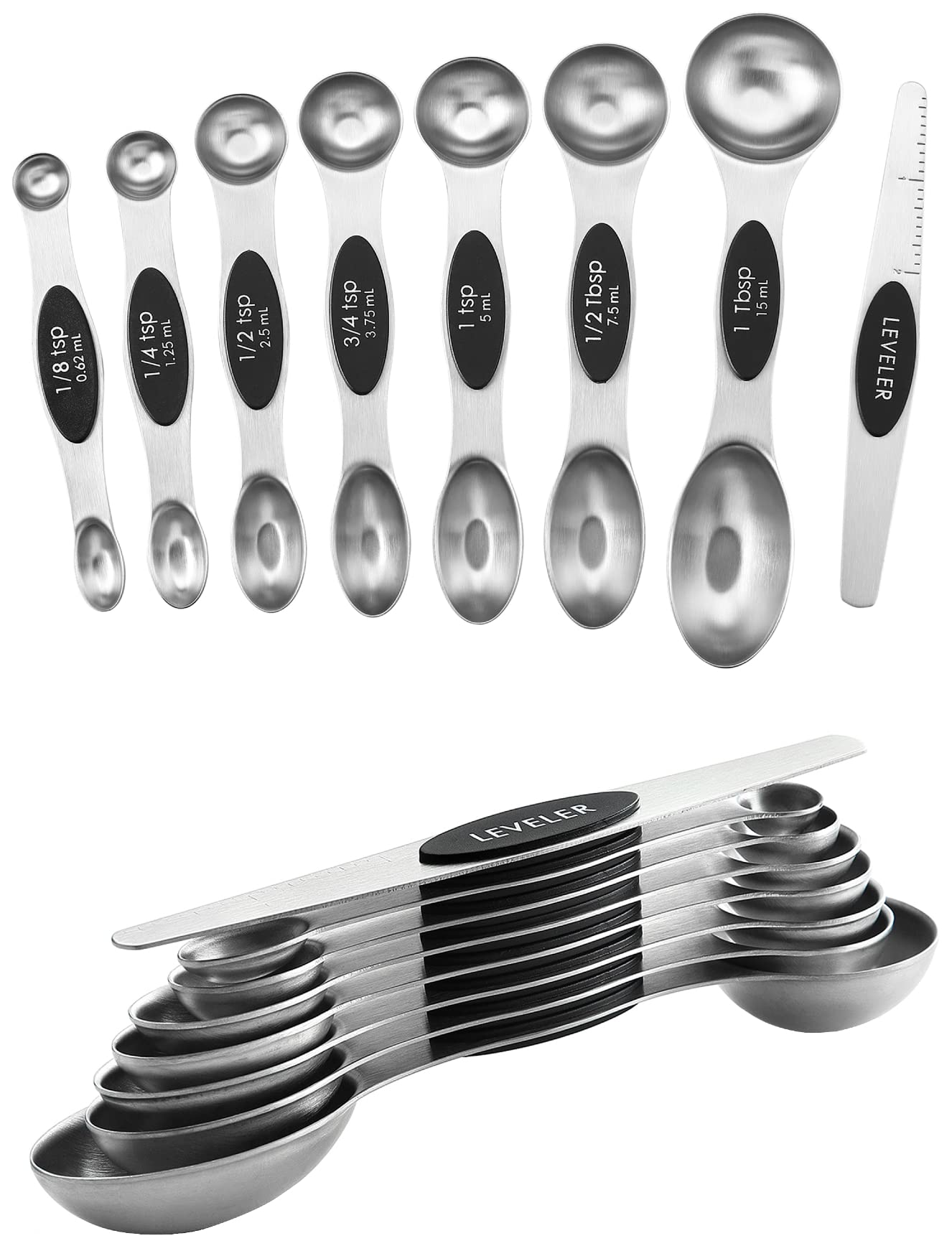 Spring Chef Magnetic Measuring Spoons Set of 8 for Kitchen, Multicolor | Stainless Steel Teaspoon & Tablespoon Measuring Spoons with Leveler for Dry & Liquid Ingredients, Dual Sided, Dishwasher Safe