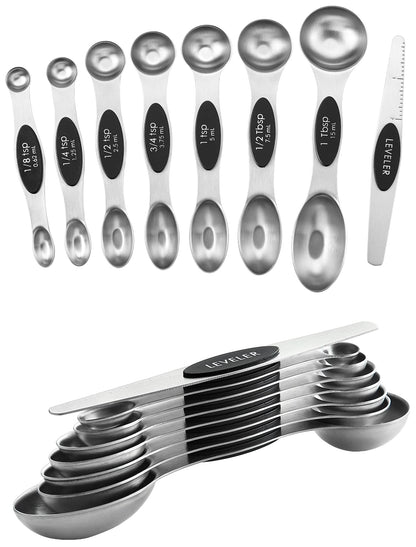 Spring Chef Stainless Steel Magnetic Measuring Spoons Set of 8, Black | Dual Sided Metal Teaspoon & Tablespoon Measuring Spoons with Leveler for Dry & Liquid Ingredients, Nesting, Dishwasher Safe