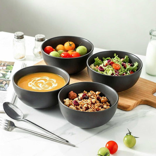 Cereal Bowls, 24 oz Soup Bowls Set of 4, Ceramic Bowls Set for Salad, Fruit, Breakfast, Dessert, Stoneware Bowls for Kitchen, Dishwasher & Microwave Safe, Matte Black