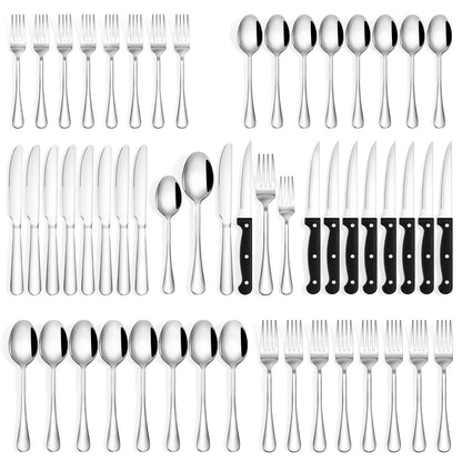 Quatish 36 Piece Silverware Set with Steak Knives, Cutlery Utensil Sets for 6, Food-Grade Stainless Steel Flatware Sets, Kitchen Utensils Set for Home Restaurant Hotel, Mirror Finished, Silver