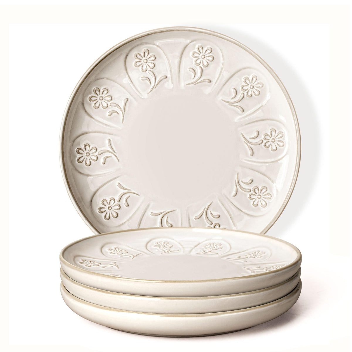 Large Ceramic Dinner Plates Set Of 4, 10.75 Inch Embossed Kitchen Salad Plates, Modern Serving Plates For Restaurant, Plates With Lipped Edges, Microwave Dishwasher Safe (Multiple Patterns)