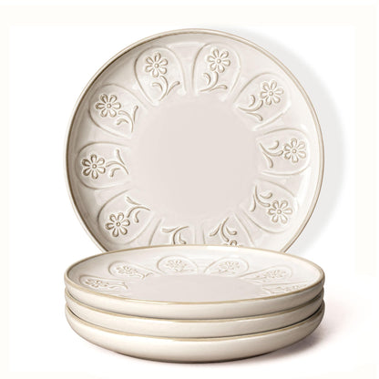 Large Ceramic Dinner Plates Set Of 4, 10.75 Inch Embossed Kitchen Salad Plates, Modern Serving Plates For Restaurant, Plates With Lipped Edges, Microwave Dishwasher Safe (Multiple Patterns)