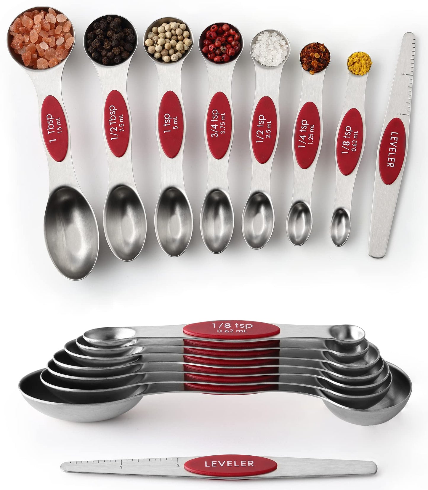 Spring Chef Stainless Steel Magnetic Measuring Spoons Set of 8, Black | Dual Sided Metal Teaspoon & Tablespoon Measuring Spoons with Leveler for Dry & Liquid Ingredients, Nesting, Dishwasher Safe