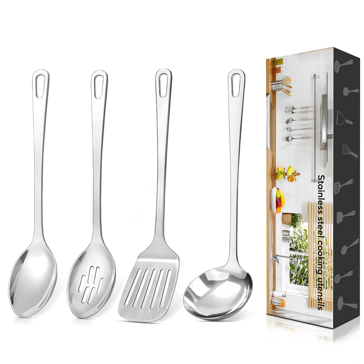 4 Pcs Cooking Utensils Set, Stainless Steel Kitchen Utensils, Heat Resistant Metal Kitchen Tools Include Solid & Slotted Turner Wok Spatula, Serving Spoon, Ergonomic Handle, Easy to Clean, Silver