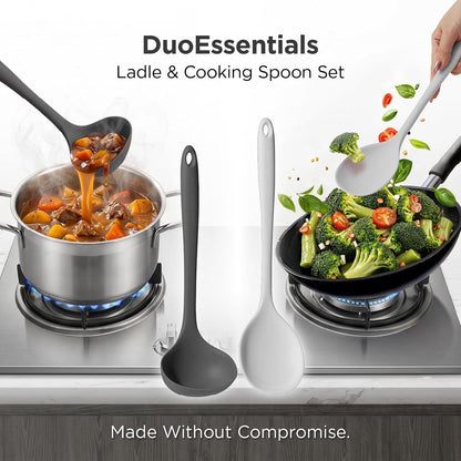Kitchen Mama DuoEssentials Ladle & Cooking Spoon Set, Metal Gray | Silicone, Heat Resistant, One-Piece Design, For Nonstick Cookware, For Soup, Stirring, Serving & Sauteing