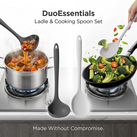 Kitchen Mama DuoEssentials Ladle & Cooking Spoon Set, Metal Gray | Silicone, Heat Resistant, One-Piece Design, For Nonstick Cookware, For Soup, Stirring, Serving & Sauteing