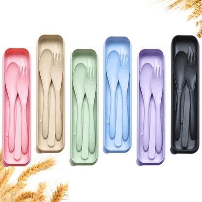 Reusable Travel Utensils Set with Case, 4 Sets Wheat Straw Portable Knife Fork Spoons Cutlery, Eco-Friendly BPA Free Plastic Tableware for Kids Adults Travel Picnic Camping Utensils