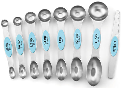 Spring Chef Stainless Steel Magnetic Measuring Spoons Set of 8, Black | Dual Sided Metal Teaspoon & Tablespoon Measuring Spoons with Leveler for Dry & Liquid Ingredients, Nesting, Dishwasher Safe