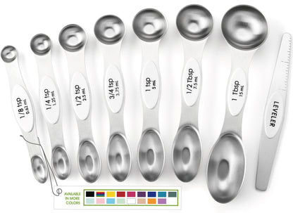 Spring Chef Stainless Steel Magnetic Measuring Spoons Set of 8, Black | Dual Sided Metal Teaspoon & Tablespoon Measuring Spoons with Leveler for Dry & Liquid Ingredients, Nesting, Dishwasher Safe