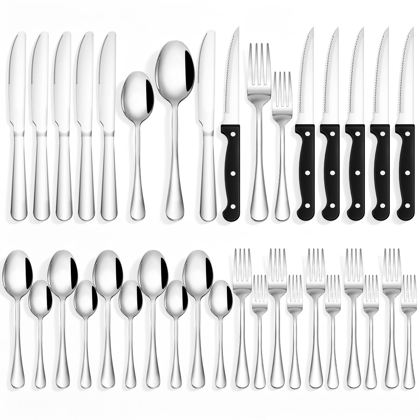 Quatish 36 Piece Silverware Set with Steak Knives, Cutlery Utensil Sets for 6, Food-Grade Stainless Steel Flatware Sets, Kitchen Utensils Set for Home Restaurant Hotel, Mirror Finished, Silver
