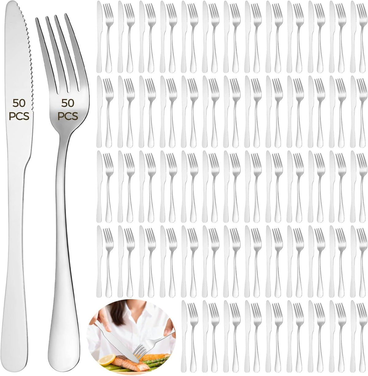 100 Pcs Silverware Set - Includes 50 Forks and 50 Knives - Stainless Steel Forks and Knives Flatware Tableware Cutlery Set for Wedding Dinner Party Restaurant Holiday Party