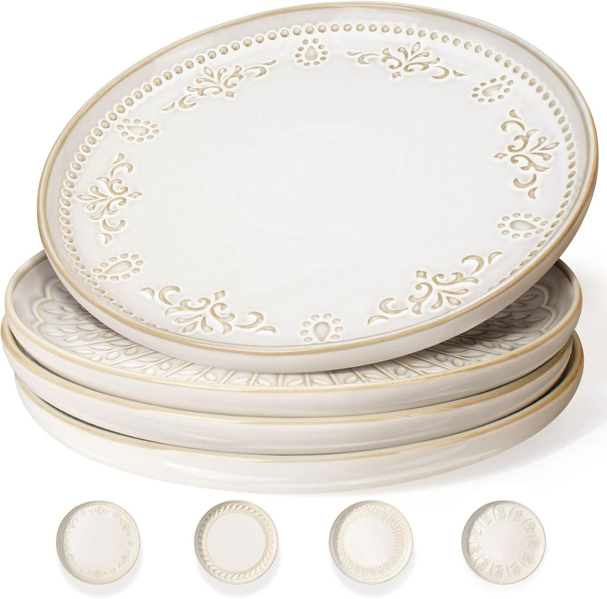 Large Ceramic Dinner Plates Set Of 4, 10.75 Inch Embossed Kitchen Salad Plates, Modern Serving Plates For Restaurant, Plates With Lipped Edges, Microwave Dishwasher Safe (Multiple Patterns)