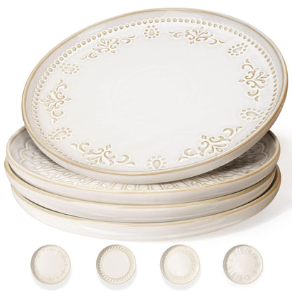 Large Ceramic Dinner Plates Set Of 4, 10.75 Inch Embossed Kitchen Salad Plates, Modern Serving Plates For Restaurant, Plates With Lipped Edges, Microwave Dishwasher Safe (Multiple Patterns)
