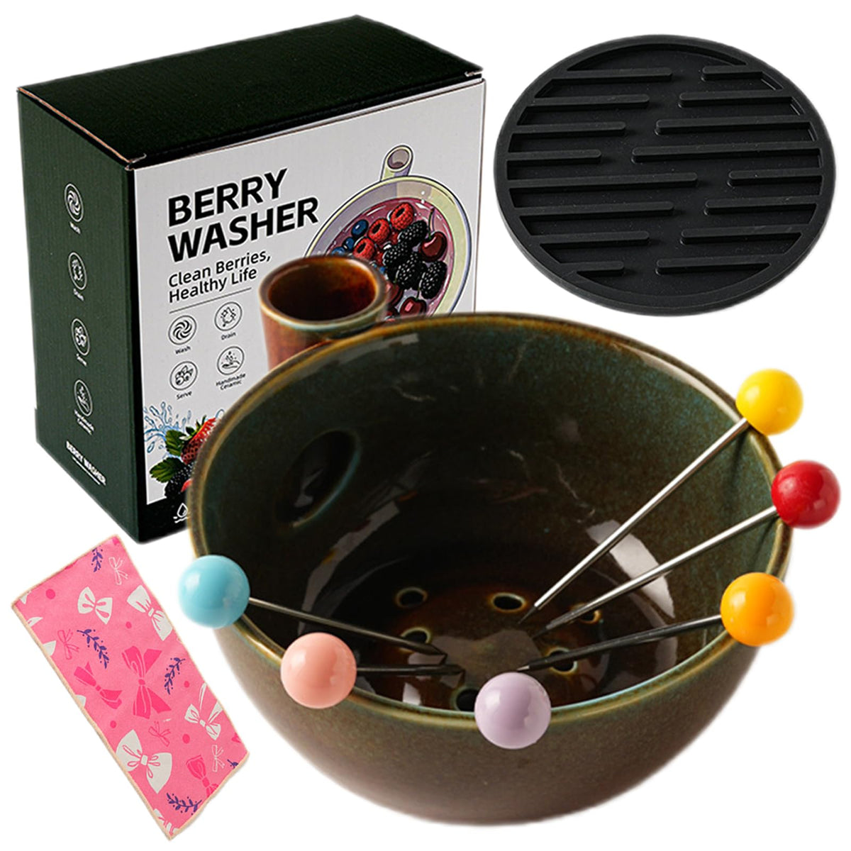 Self Spinning Ceramic Berry Washing Bowl with Drain Holes, 7'' Kitchen Fruit Washer Spinner Bowl with 10pcs Sponges，Blue