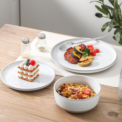 Ceramic Dinner Plates Set of 4 with High Edges, 10 Inch Glacier White Plates for Salad, Pasta and Steak, Oven＆Dishwasher Safe, Stoneware Plates with Matte Terracotta Base, Porcelain,Scratch Resistant
