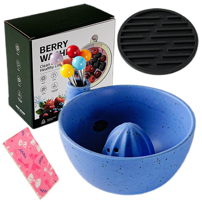 Self Spinning Ceramic Berry Washing Bowl with Drain Holes, 7'' Kitchen Fruit Washer Spinner Bowl with 10pcs Sponges，Blue