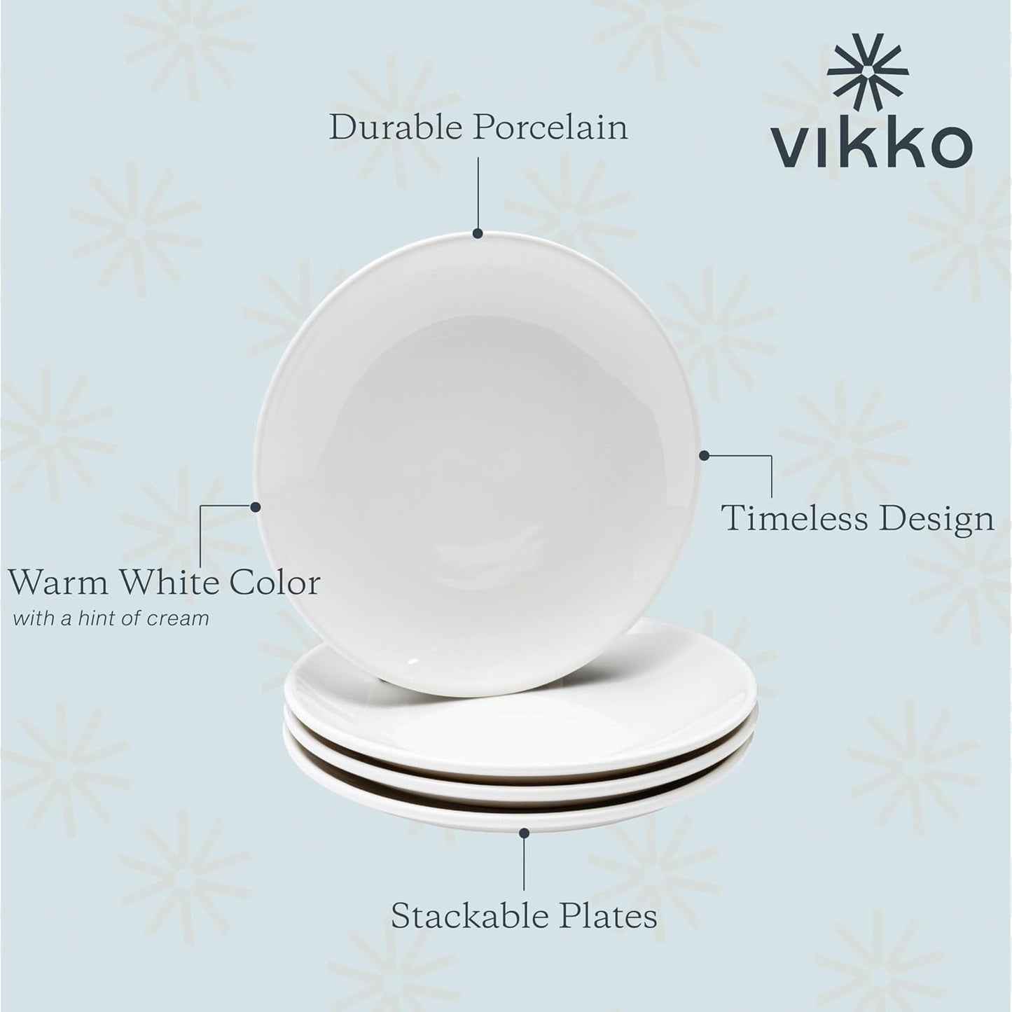 Vikko Appetizer Plates, Set of 4 White Ceramic Plates, Salad Plates Set, Stackable 8 Inch Round Plates, Dishwasher Safe, Bead and Butter Plates, Durable Plates for All Occasions