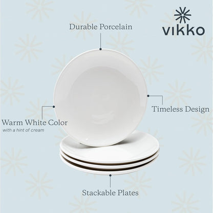 Vikko Appetizer Plates, Set of 4 White Ceramic Plates, Salad Plates Set, Stackable 8 Inch Round Plates, Dishwasher Safe, Bead and Butter Plates, Durable Plates for All Occasions