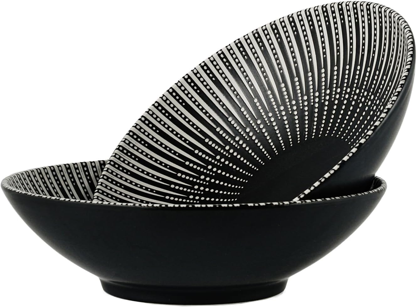 8 Inch Ceramic Bowl Set of 2, Classic Black and White Pasta Bowl,Salad Bowls,Fruit bowl with Embossed Textured Interior, Microwave & Dishwasher Safe, for Ramen, Udon, Pho, Cereal, Serving(Black-Dots)