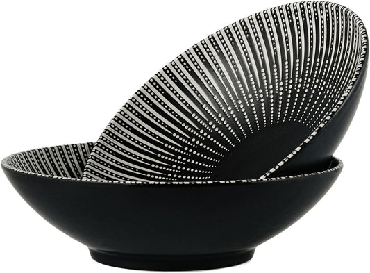 8 Inch Ceramic Bowl Set of 2, Classic Black and White Pasta Bowl,Salad Bowls,Fruit bowl with Embossed Textured Interior, Microwave & Dishwasher Safe, for Ramen, Udon, Pho, Cereal, Serving(Black-Dots)