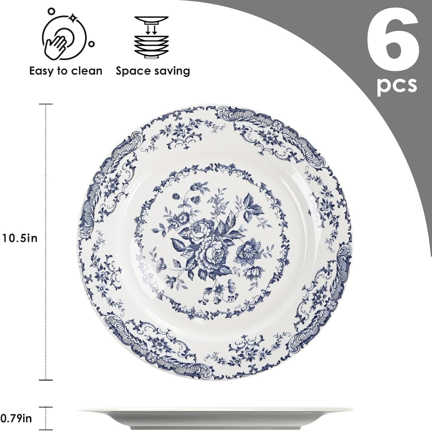 Dinner Plates Set of 6, 10.5 inch Blue Rose Floral Plate | Ceramic, White Porcelain Plate, Kitchen Plates Microwave Safe, Ideal for Salad, Pasta & Dessert