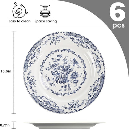 Dinner Plates Set of 6, 10.5 inch Blue Rose Floral Plate | Ceramic, White Porcelain Plate, Kitchen Plates Microwave Safe, Ideal for Salad, Pasta & Dessert