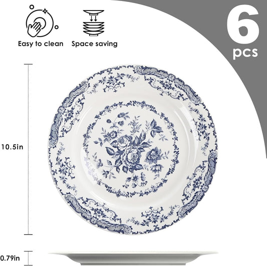 Dinner Plates Set of 6, 10.5 inch Blue Rose Floral Plate | Ceramic, White Porcelain Plate, Kitchen Plates Microwave Safe, Ideal for Salad, Pasta & Dessert