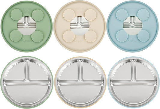 PandaEar 3 Pack Stainless Steel Baby Suction Plates, Divided Toddler Plate for Baby Led Weaning Supplies, Non-Slip Toddler Baby Feeding Set Dishwasher Safe (Blue/Green/Brown)