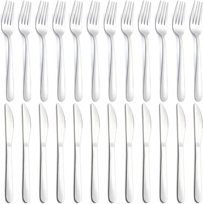 24-Piece Forks and Knives Set for 12, Food-Grade Stainless Steel Silverware Set with 12 Dinner Knives & 12 Forks, Mirror Polished Fork Silverware, Butter Knife and Metal Fork, Dishwasher Safe