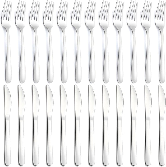 24-Piece Forks and Knives Set for 12, Food-Grade Stainless Steel Silverware Set with 12 Dinner Knives & 12 Forks, Mirror Polished Fork Silverware, Butter Knife and Metal Fork, Dishwasher Safe