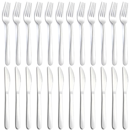 24-Piece Forks and Knives Set for 12, Food-Grade Stainless Steel Silverware Set with 12 Dinner Knives & 12 Forks, Mirror Polished Fork Silverware, Butter Knife and Metal Fork, Dishwasher Safe