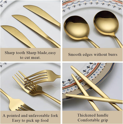 Evanda Gold Silverware Set 60 Piece Service for 20, Titanium Gold Plated Stainless Steel Flatware Set, Knives Forks Spoons Cutlery Set for Wedding, Parties, Birthday, Restauroom, Dishwasher Safe