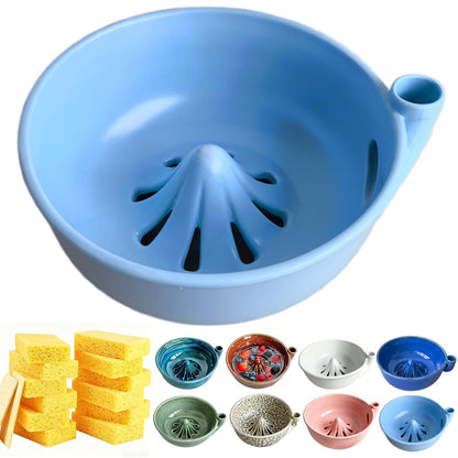 Self Spinning Ceramic Berry Washing Bowl with Drain Holes, 7'' Kitchen Fruit Washer Spinner Bowl with 10pcs Sponges，Blue